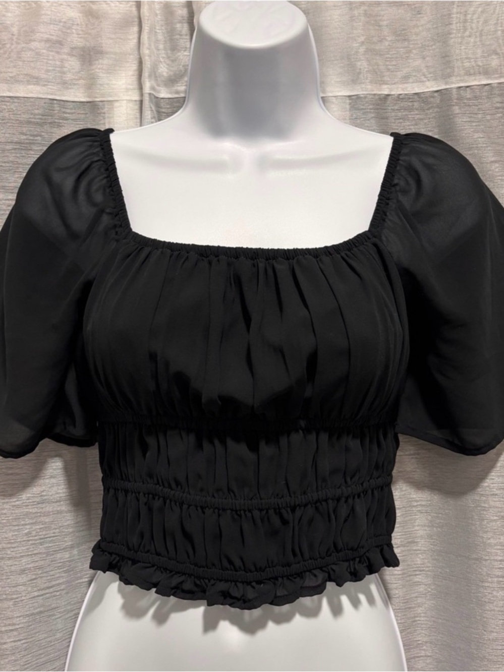 Hollister Black Smocked Square Neck Sheer Sleeve Crop Blouse Size L